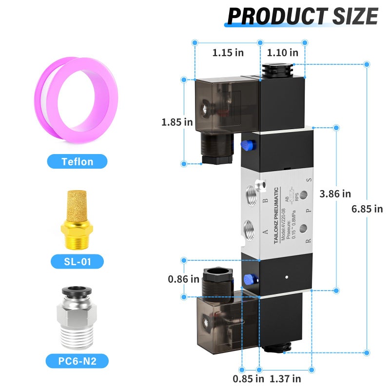 TAILONZ PNEUMATIC Solenoid Valve 4V220-08 DC24V 1/4"NPT Double Coil Pilot-Operated Electric 2 Position 5 Way Connection Type - Image 2